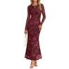 MEROKEETY Women’s 2026 Spring Wedding Guest Maxi Dress Long Sleeve Bodycon Floral Mesh Fall Cocktail Formal Party Dresses(Wine)