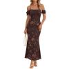 MEROKEETY Women’s 2026 Summer Off The Shoulder Spaghetti Strap Floral Mesh Wedding Guest Cocktail Formal Party Maxi Dresses(Brown)