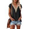 MEROKEETY Women’s Boho Cap Sleeve Lace Trim V Neck Tops 2026 Summer Casual Loose Beach Vacation Tee Shirts Blouse(Black)