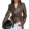MEROKEETY Women’s Fall Fashion 2025 Leather Jacket Casual Belt Button Down Blazer Trendy Coat Outerwear(Brown)