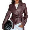 MEROKEETY Women’s Fall Fashion 2025 Leather Jacket Casual Belt Button Down Blazer Trendy Coat Outerwear(Wine Red)