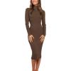 MEROKEETY Women’s Long Sleeve Sweater Dress 2025 High Neck Slim Fit Ribbed Knit Midi Winter Dresses(Coffee)
