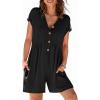 MEROKEETY Womens Romper Summer 2026 Casual Cap Sleeve V neck Button Short Jumpsuit Beach Vacation Outfits with Pockets(Black)