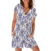 MEROKEETY Womens Romper Summer 2026 Casual Cap Sleeve V neck Button Short Jumpsuit Beach Vacation Outfits with Pockets(Blue Floral)