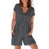 MEROKEETY Womens Romper Summer 2026 Casual Cap Sleeve V neck Button Short Jumpsuit Beach Vacation Outfits with Pockets(Charcoal)