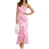 MEROKEETY Women’s Summer Strapless Floral Maxi Dress 2026 Bodycon Mesh Wedding Guest Cocktail Party Tube Dresses(Pink)