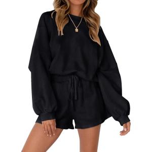 MEROKEETY 2026 Spring Lounge Sets for Women Oversized Batwing Sleeve Casual Top and Shorts 2 Piece Outfits Sweat Set(Black)