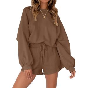 MEROKEETY 2026 Spring Lounge Sets for Women Oversized Batwing Sleeve Casual Top and Shorts 2 Piece Outfits Sweat Set(Coffee)