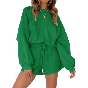 MEROKEETY 2026 Spring Lounge Sets for Women Oversized Batwing Sleeve Casual Top and Shorts 2 Piece Outfits Sweat Set(Forest Green)