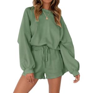 MEROKEETY 2026 Spring Lounge Sets for Women Oversized Batwing Sleeve Casual Top and Shorts 2 Piece Outfits Sweat Set(Green)