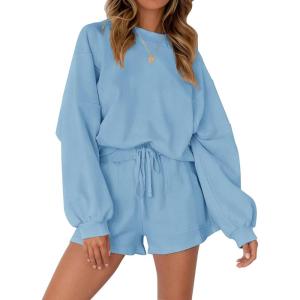 MEROKEETY 2026 Spring Lounge Sets for Women Oversized Batwing Sleeve Casual Top and Shorts 2 Piece Outfits Sweat Set(Light Blue)