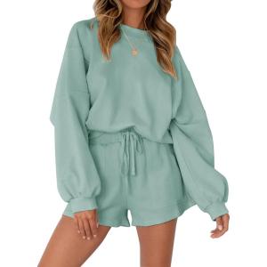 MEROKEETY 2026 Spring Lounge Sets for Women Oversized Batwing Sleeve Casual Top and Shorts 2 Piece Outfits Sweat Set(Light Green)