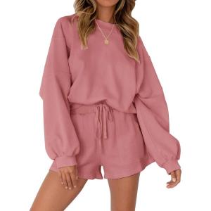 MEROKEETY 2026 Spring Lounge Sets for Women Oversized Batwing Sleeve Casual Top and Shorts 2 Piece Outfits Sweat Set(Pink)