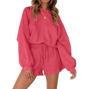 MEROKEETY 2026 Spring Lounge Sets for Women Oversized Batwing Sleeve Casual Top and Shorts 2 Piece Outfits Sweat Set(Watermelon)