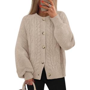 MEROKEETY Cardigan Sweaters for Women Fall Long Sleeve Cable Knit Button Open Front Casual Outerwear Coat(Apricot)