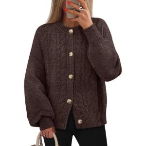 MEROKEETY Cardigan Sweaters for Women Fall Long Sleeve Cable Knit Button Open Front Casual Outerwear Coat(Coffee)