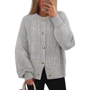 MEROKEETY Cardigan Sweaters for Women Fall Long Sleeve Cable Knit Button Open Front Casual Outerwear Coat(Gray)