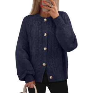 MEROKEETY Cardigan Sweaters for Women Fall Long Sleeve Cable Knit Button Open Front Casual Outerwear Coat(Navy)