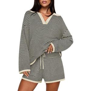 MEROKEETY Lounge Sweater Sets for Women 2 Piece Outfits Casual Long Sleeve Striped Tops Shorts Matching Set(Blackbeige)