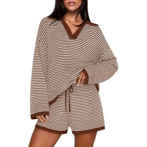 MEROKEETY Lounge Sweater Sets for Women 2 Piece Outfits Casual Long Sleeve Striped Tops Shorts Matching Set(Caramelwhite)