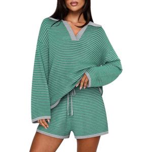 MEROKEETY Lounge Sweater Sets for Women 2 Piece Outfits Casual Long Sleeve Striped Tops Shorts Matching Set(Greengrey)