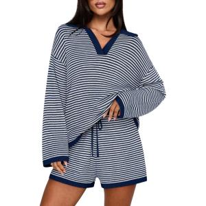 MEROKEETY Lounge Sweater Sets for Women 2 Piece Outfits Casual Long Sleeve Striped Tops Shorts Matching Set(Navywhite)