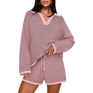 MEROKEETY Lounge Sweater Sets for Women 2 Piece Outfits Casual Long Sleeve Striped Tops Shorts Matching Set(Pink)
