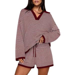 MEROKEETY Lounge Sweater Sets for Women 2 Piece Outfits Casual Long Sleeve Striped Tops Shorts Matching Set(Wine)