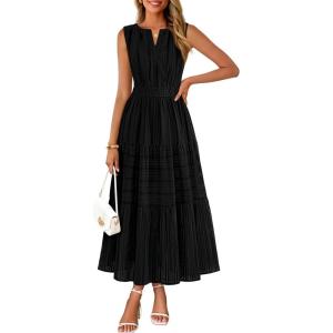 MEROKEETY Spring Summer Midi Dresses for Women 2026 Casual Beach Vacation Sleeveless Boho V Neck Tiered Maxi Dress Pockets(Black)