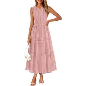 MEROKEETY Spring Summer Midi Dresses for Women 2026 Casual Beach Vacation Sleeveless Boho V Neck Tiered Maxi Dress Pockets(Pink)