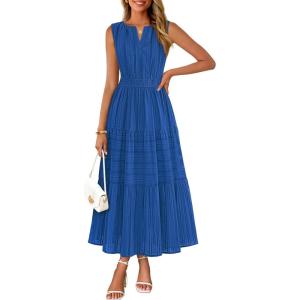 MEROKEETY Spring Summer Midi Dresses for Women 2026 Casual Beach Vacation Sleeveless Boho V Neck Tiered Maxi Dress Pockets(Royalblue)