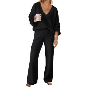 MEROKEETY Women’s 2 Piece Outfits Lounge Sets Fall Winter Long Sleeve Knit Sweater Wide Leg Pant Matching Set(Black)