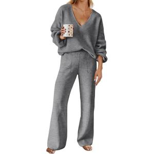 MEROKEETY Women’s 2 Piece Outfits Lounge Sets Fall Winter Long Sleeve Knit Sweater Wide Leg Pant Matching Set(Dark Grey)