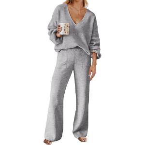 MEROKEETY Women’s 2 Piece Outfits Lounge Sets Fall Winter Long Sleeve Knit Sweater Wide Leg Pant Matching Set(Light Grey)