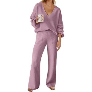 MEROKEETY Women’s 2 Piece Outfits Lounge Sets Fall Winter Long Sleeve Knit Sweater Wide Leg Pant Matching Set(Taro)