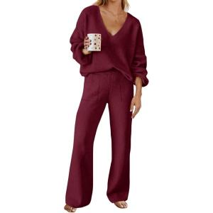 MEROKEETY Women’s 2 Piece Outfits Lounge Sets Fall Winter Long Sleeve Knit Sweater Wide Leg Pant Matching Set(Wine)