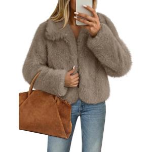 MEROKEETY Women’s 2025 Winter Coats Furry Faux Fur Jackets Long Sleeve Coat Trendy Warm Outerwear with Pockets(Khaki)