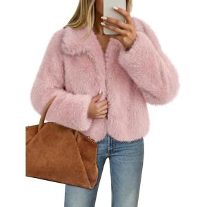 MEROKEETY Women’s 2025 Winter Coats Furry Faux Fur Jackets Long Sleeve Coat Trendy Warm Outerwear with Pockets(Pink)