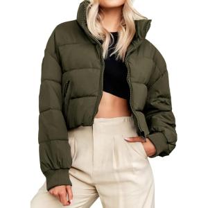 MEROKEETY Women’s 2025 Winter Cropped Puffer Jacket Long Sleeve Oversized Stand Collar Zip-Up Short Coat(Armygreen)