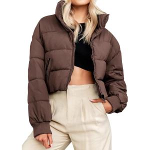 MEROKEETY Women’s 2025 Winter Cropped Puffer Jacket Long Sleeve Oversized Stand Collar Zip-Up Short Coat(Coffee)