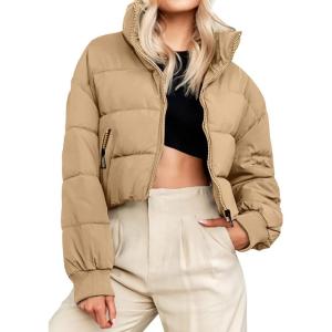MEROKEETY Women’s 2025 Winter Cropped Puffer Jacket Long Sleeve Oversized Stand Collar Zip-Up Short Coat(Khaki)