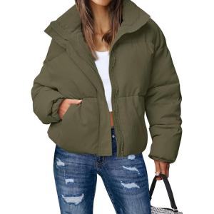MEROKEETY Women’s 2025 Winter Long Sleeve Zip Puffer Jacket Pockets Baggy Short Coats(Army Green)
