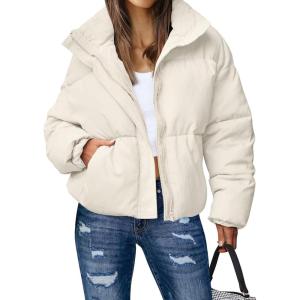 MEROKEETY Women’s 2025 Winter Long Sleeve Zip Puffer Jacket Pockets Baggy Short Coats(Beige)