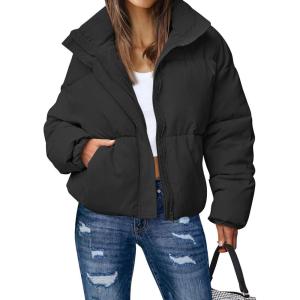 MEROKEETY Women’s 2025 Winter Long Sleeve Zip Puffer Jacket Pockets Baggy Short Coats(Black)