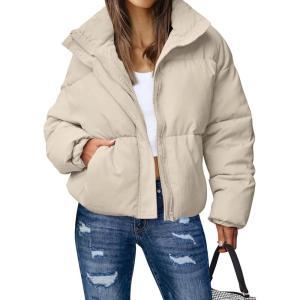 MEROKEETY Women’s 2025 Winter Long Sleeve Zip Puffer Jacket Pockets Baggy Short Coats(Light Khaki)
