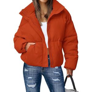 MEROKEETY Women’s 2025 Winter Long Sleeve Zip Puffer Jacket Pockets Baggy Short Coats(Orange Red)