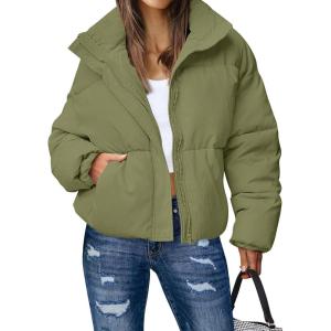 MEROKEETY Women’s 2025 Winter Long Sleeve Zip Puffer Jacket Pockets Baggy Short Coats(Peagreen)