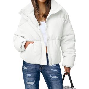 MEROKEETY Women’s 2025 Winter Long Sleeve Zip Puffer Jacket Pockets Baggy Short Coats(White)
