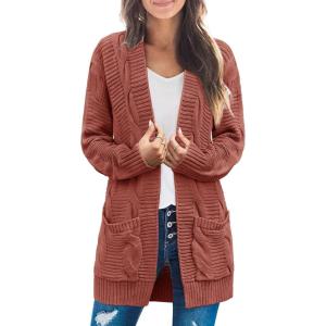 MEROKEETY Women’s 2026 Long Sleeve Cable Knit Cardigan Sweaters Open Front Fall Outerwear Coat Pockets(Brick Red)