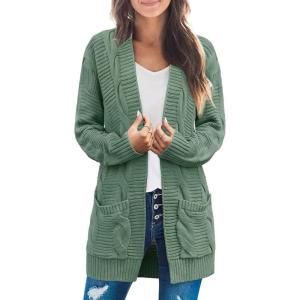 MEROKEETY Women’s 2026 Long Sleeve Cable Knit Cardigan Sweaters Open Front Fall Outerwear Coat Pockets(Dusty Green)